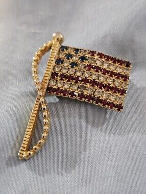 Vintage Rafaelian Gold-tone American Flag Rhinestone Brooch